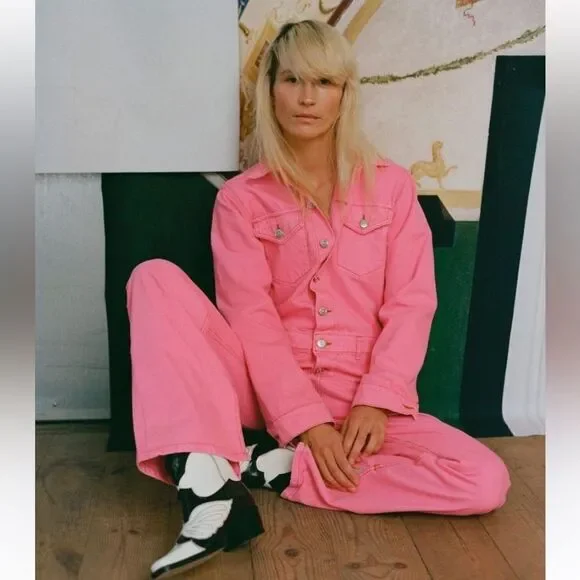 Ganni Pink Jumpsuit Boilersuit Cotton Denim Size 2